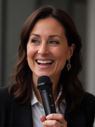 Person speaking into microphone during a media interaction